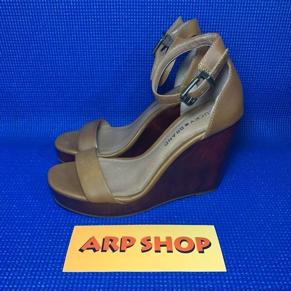 LUCKY BRAND LENORR Women`s Size 7.5 Tan Brown Platform Wedge Shoes - Picture 1 of 8